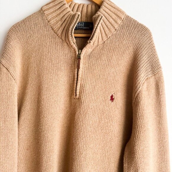 Vintage Polo Ralph Lauren Camel Beige Cotton Quarter Zip Sweater men's XXL - Picture 3 of 6